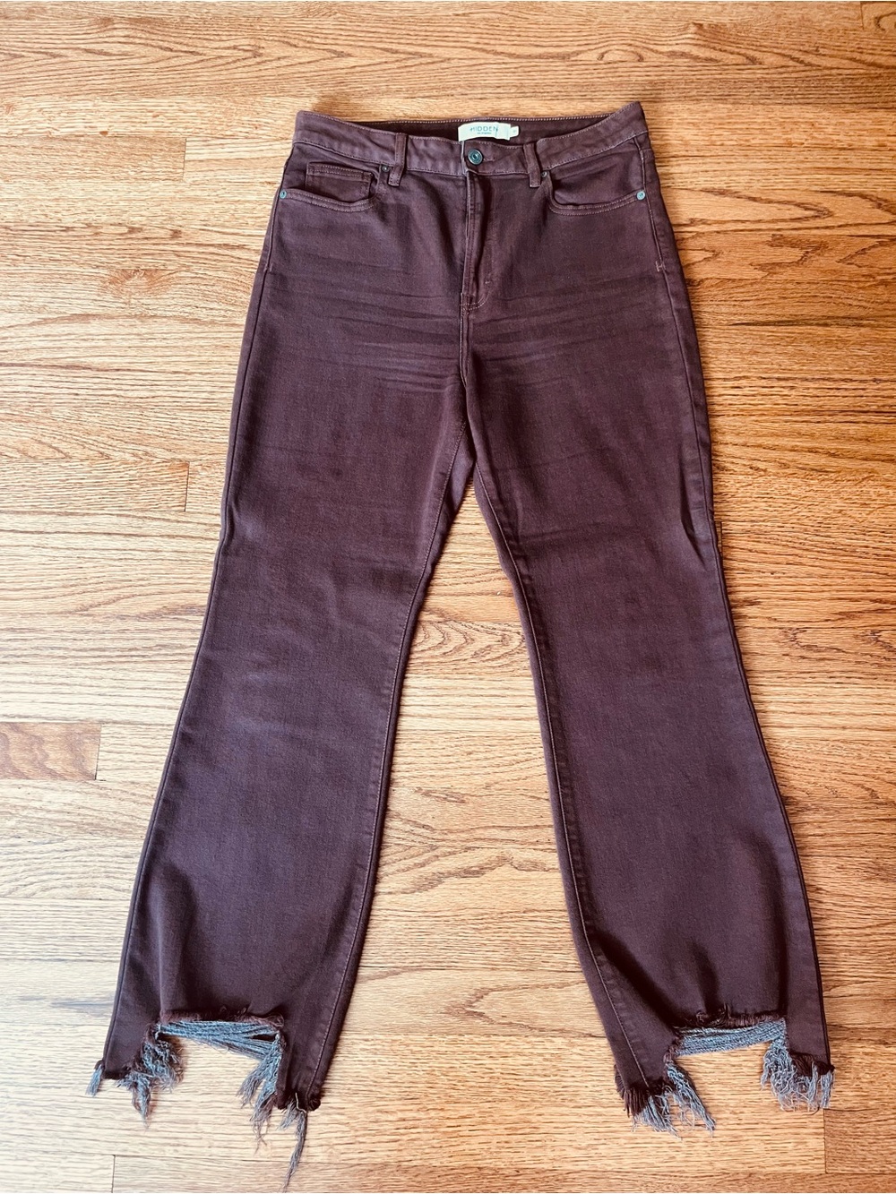 Women’s Chocolate Brown Flared Jeans with Distressed Hem